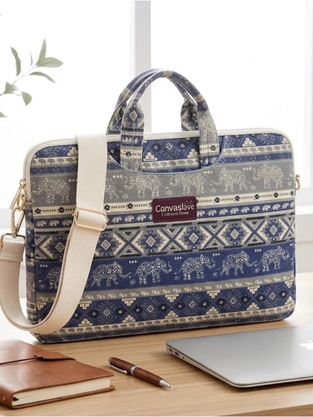 Canvaslove EUC Blue Tribal Print
Laptop Bag Crossbody or Briefcase 
Many pockets